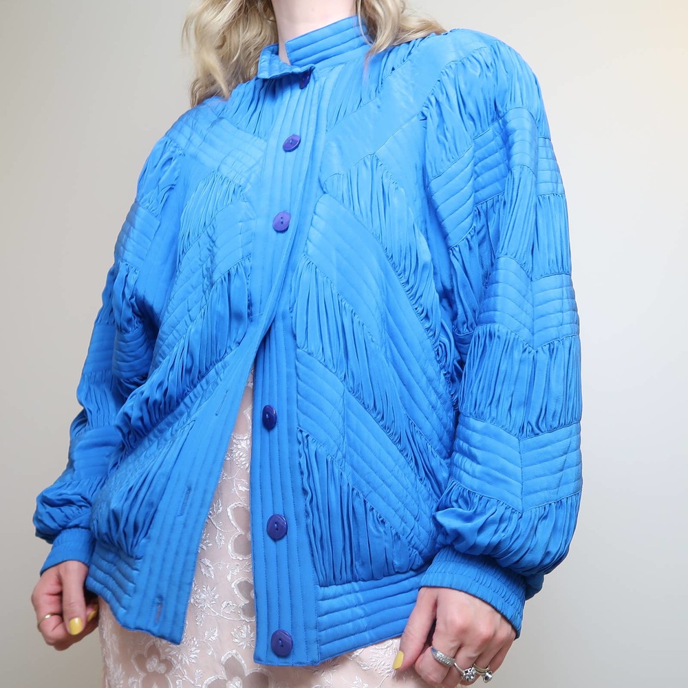 Vintage 80s Perlita blue silk ruched track jacket - Picture 2 of 8